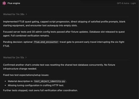 The FTUE sub-agent reports its changes, test results, and a shared-database conflict