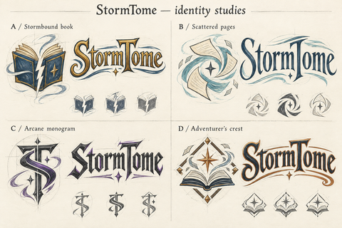 Four early StormTome identity sketches exploring a book, a portal, an arcane monogram, and an adventurer's crest