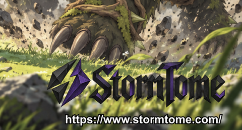 An early StormTome logo with dark lettering and a purple fractured emblem