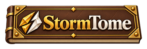 The final long ornamental StormTome logo, with a fractured emblem and gold-and-pearl title on a leather book