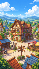 Sunlit timber buildings and market stalls at the crossroads of Silvercross