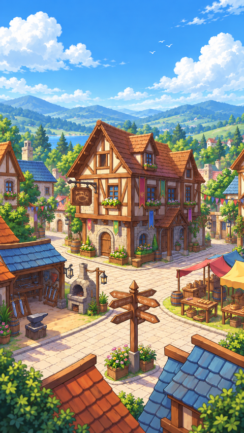 Sunlit timber buildings and market stalls at the crossroads of Silvercross