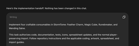 An agent prepares implementation instructions for craftable consumables to hand off to another chat