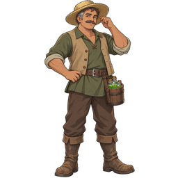 Bram in his straw hat and muddy boots, carrying a pail of green vials