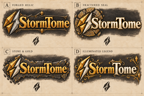 Four StormTome fantasy directions: forged relic, fractured seal, stone and gold, and illuminated legend
