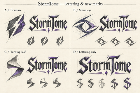 StormTome sketch sheet comparing a fractured emblem, a storm eye, and a turning leaf alongside ornate lettering