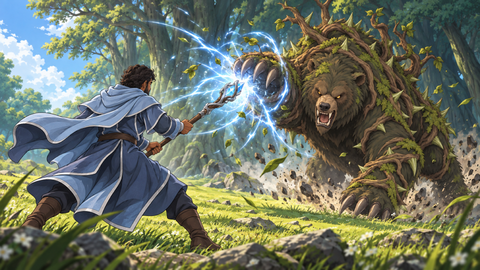 An adventurer faces a great thorn-covered bear in the sunlit Evermaze